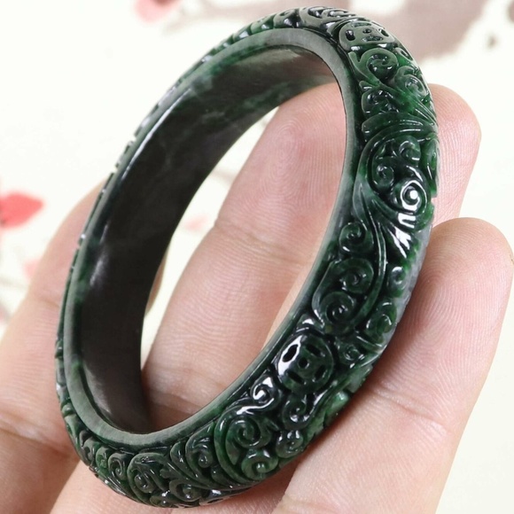 57mm Certified Green Natural A jade Jadeite Moire Bangle Bracelet - Picture 1 of 10